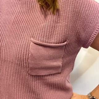 Light Rose Mock Neck Short Sleeve Sweater
