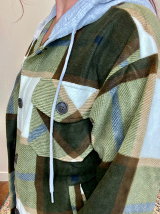 Olive Plaid Hooded Fleece Shacket