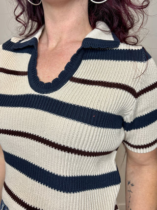 Navy Striped Collared Short Sleeve Cropped Sweater