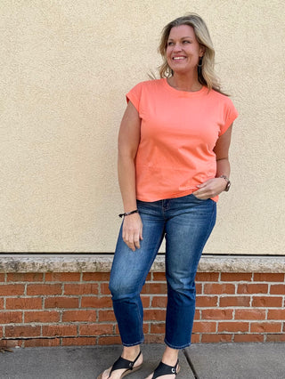 Coral Round Neck Folded Sleeve Tee