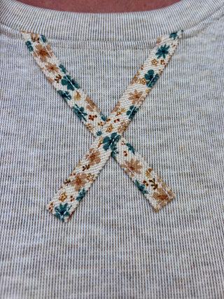 Oatmeal Micro Brushed Crewneck Sweatshirt with Floral Detailed Elbow Patches and Cross Neck
