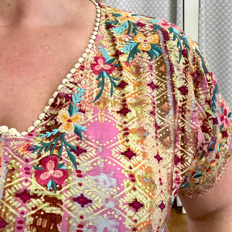 Multi Colored V-Neck Top with Embroidery Detail