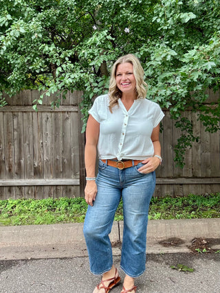 White Cuffed Short Sleeve Air Flow Split Neck Button Down Top