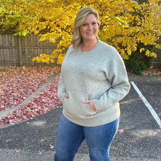 Moss Olive Crew Neck Sweater with Kangaroo Pocket