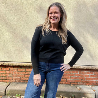 Black Front Seam Round Neck Sweater