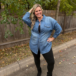 Risen Medium Wash Oversized Denim Shirt