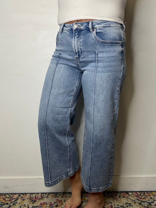 Risen Mid Rise Crop Wide Leg Pintuck Detail Jeans