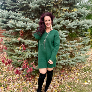 Dark Green V-Neck Sweater Dress