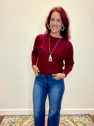 Dark Burgundy Front Seam Round-Neck Sweater