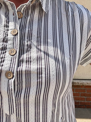 Stripe Collared Half Button Short Sleeve