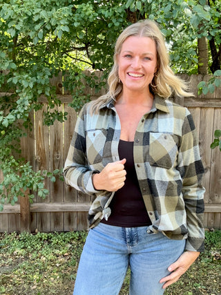 Olive, Black Stretch Plaid Button Up