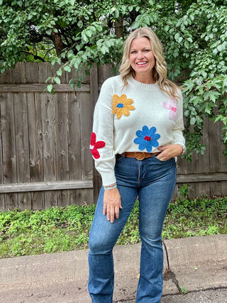 Cream Knit Sweater with Multi Color Crochet Floral