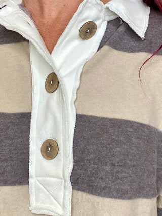 Gray/Cream Striped Hacci Polo Sweater