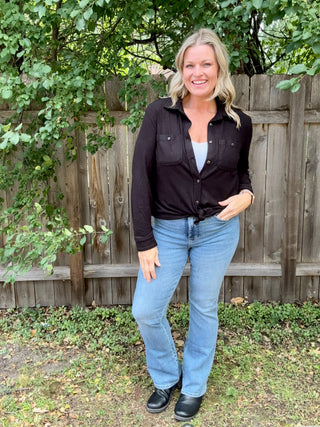 Black Stretch Solid Button Up