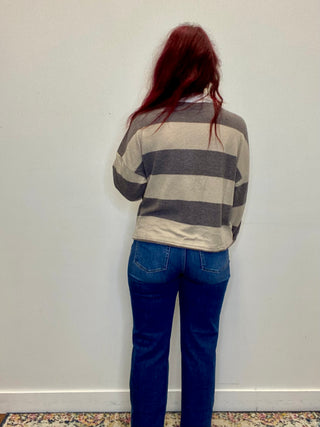 Gray/Cream Striped Hacci Polo Sweater