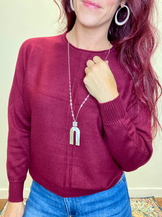 Dark Burgundy Front Seam Round-Neck Sweater