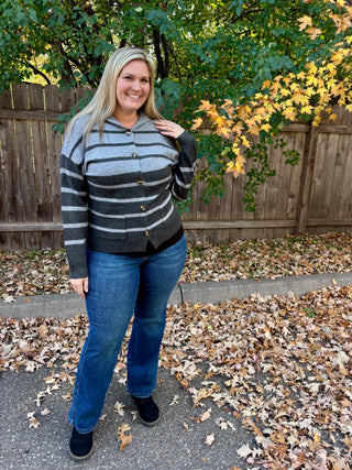 Charcoal Striped Button Down Hooded Cardigan