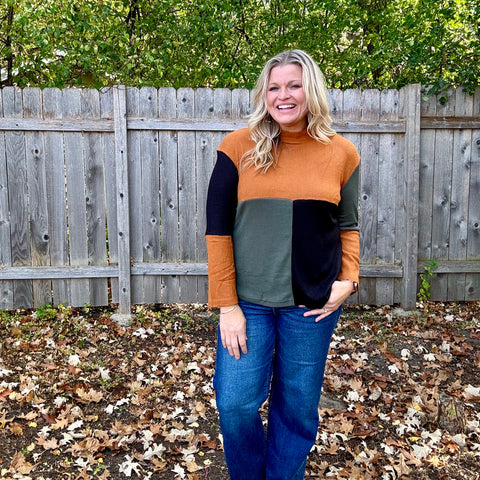 Orange, Black, Olive Tri-color Mockneck Top