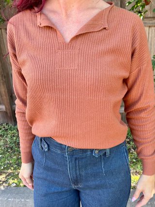 Rust Textured Split Neck Long Sleeve Top