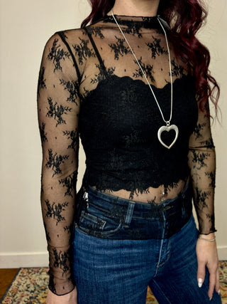 Black Long Sleeve Sheer Lace Top