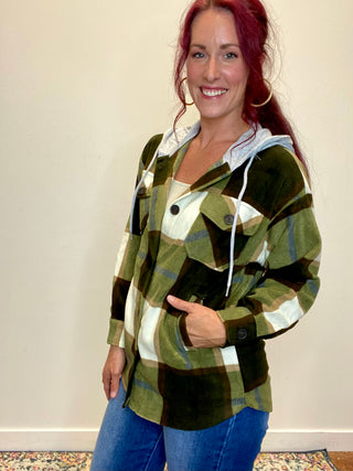 Olive Plaid Hooded Fleece Shacket