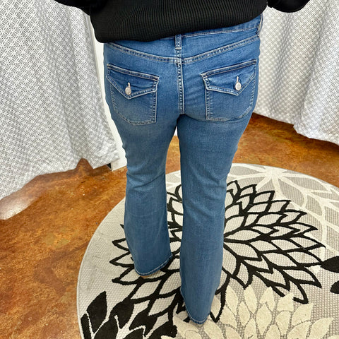 Low Rise Flare Jeans with Button Back Pockets