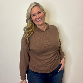 Brown Ribbed Pullover Hoodie