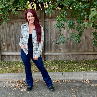 Taupe, Black, Tan Plaid Button Up