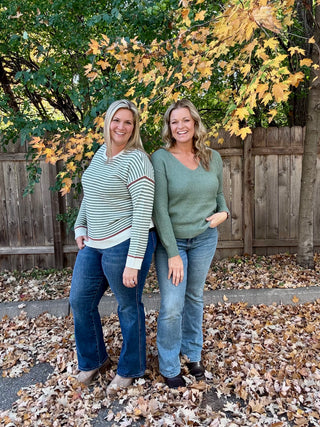 Dark Sage Textured V-Neck Pullover Sweater