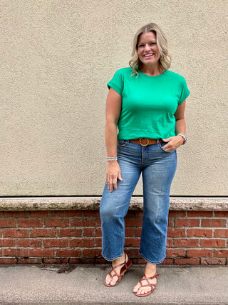 Kelly Green  Round Neck Folded Sleeve Tee