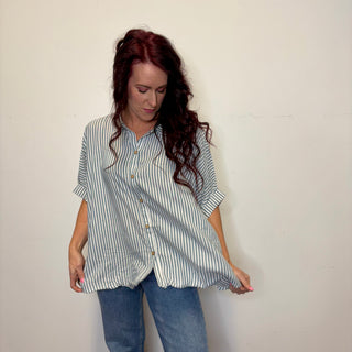 Oversized Teal Striped Button Down Short Sleeve