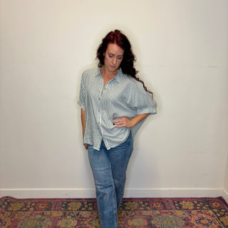 Oversized Teal Striped Button Down Short Sleeve