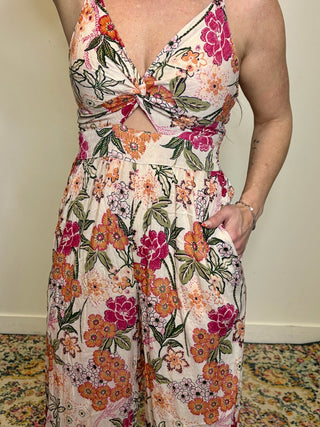 V-Neck Twist Front Floral Jumpsuit