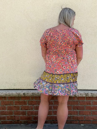 Short Sleeve Floral Smocked Bodice Dress