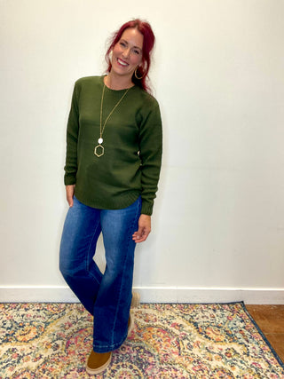 Dark Olive Round Neck Knit Sweater