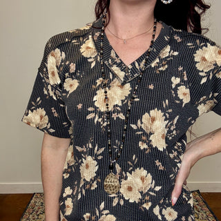 Charcoal Floral Ribbed Top