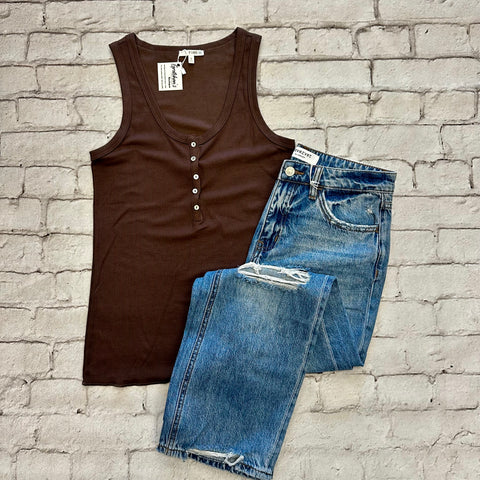 Brown Ribbed Henley Tank