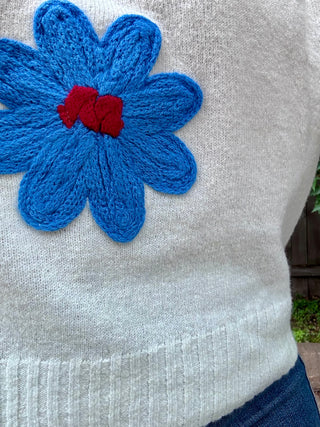 Cream Knit Sweater with Multi Color Crochet Floral