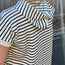 Striped Textured Quarter Button Short Sleeve with Hood