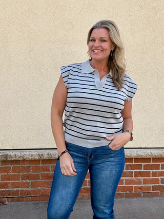 Grey/Black Striped Collared Sweater Sleeveless Top