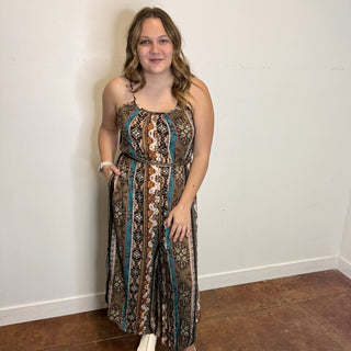 Teal/Brown Aztec Print Wide Leg Jumpsuit