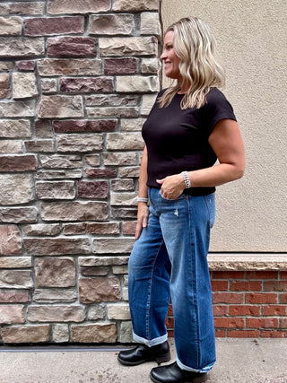 Risen Mid Rise Barrel Double Roll Up Stretch Jeans