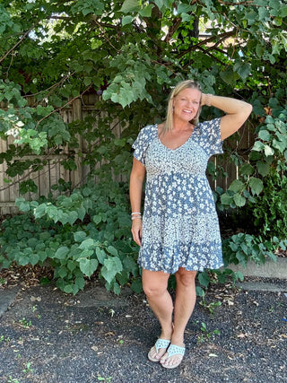 Short Sleeve Blue/White Floral Smocked Bodice Dress