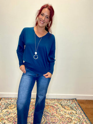 Navy V-Neck Wool Blend Sweater