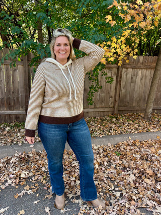Brown Striped Hooded Long Sleeve Sweater