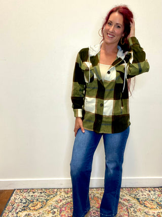 Olive Plaid Hooded Fleece Shacket