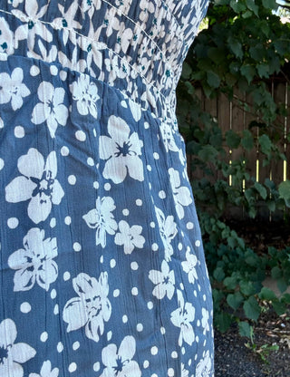 Short Sleeve Blue/White Floral Smocked Bodice Dress