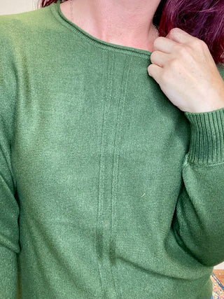 Army Green Front Seam Round-Neck Sweater