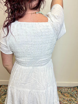 White V-Neck Embroidered Short Sleeve Dress