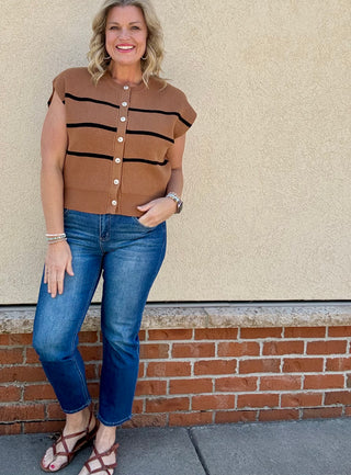 Camel Striped Button Up Sweater Vest